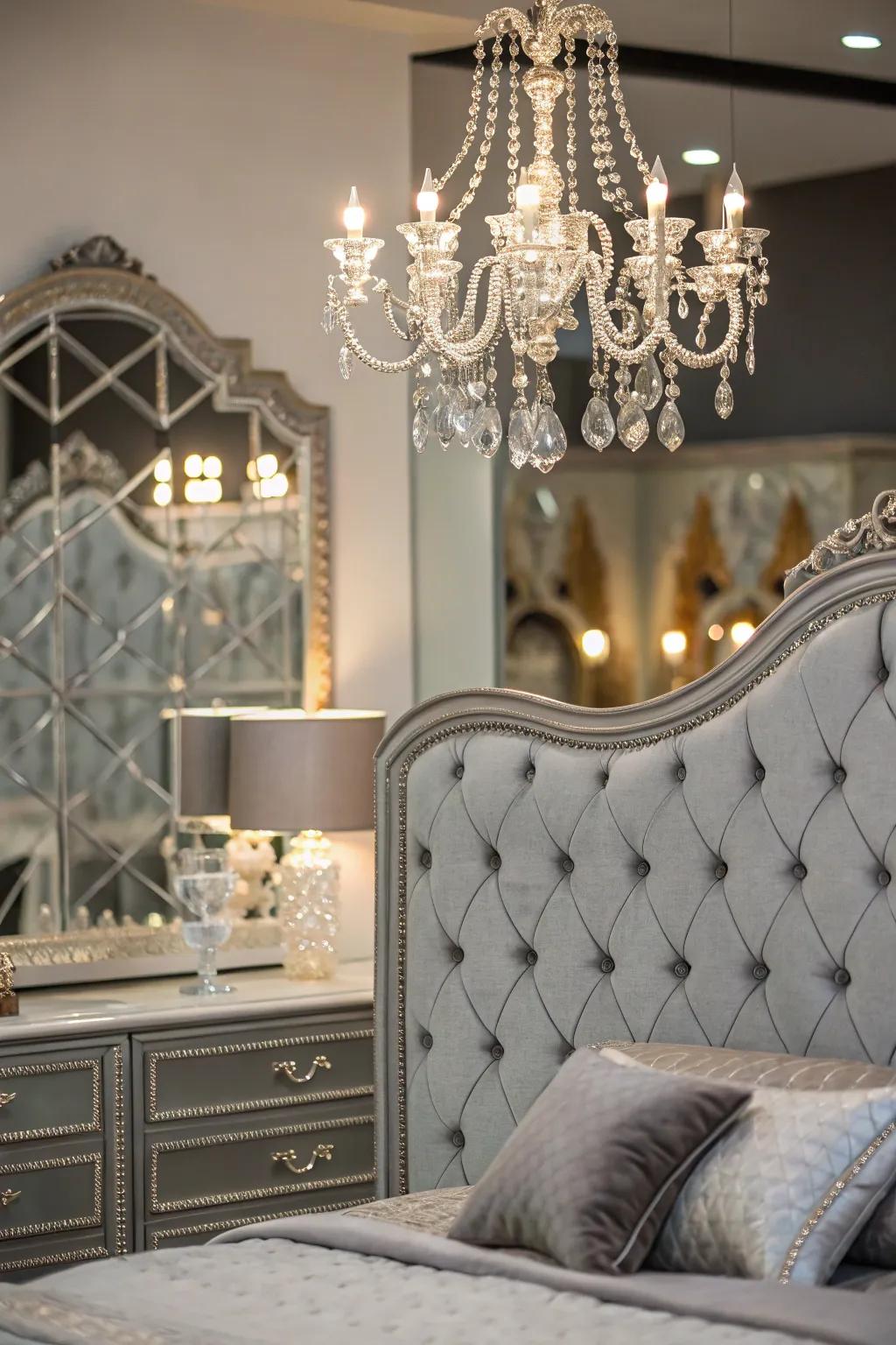 Glamorous decor pieces elevate a bedroom with a stone-toned headboard.