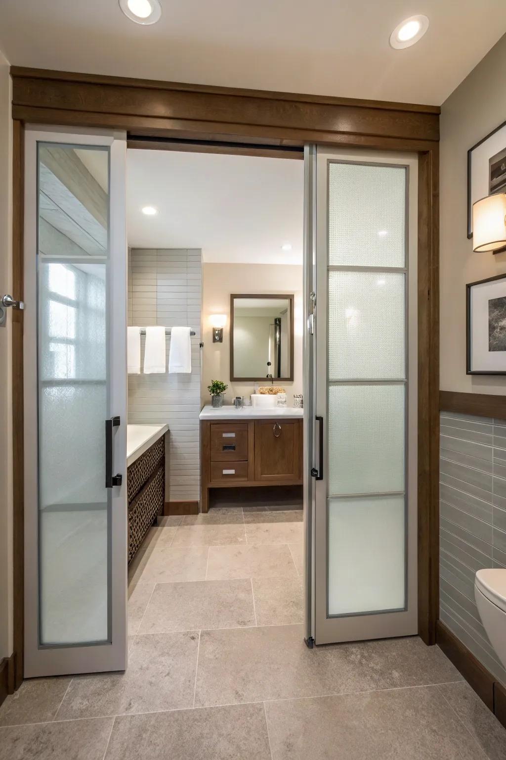 A guest bathroom enhanced with privacy features such as frosted glass doors.
