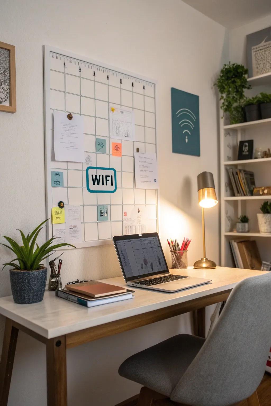 A magnetic board providing a versatile display for WiFi details in a practical workspace.