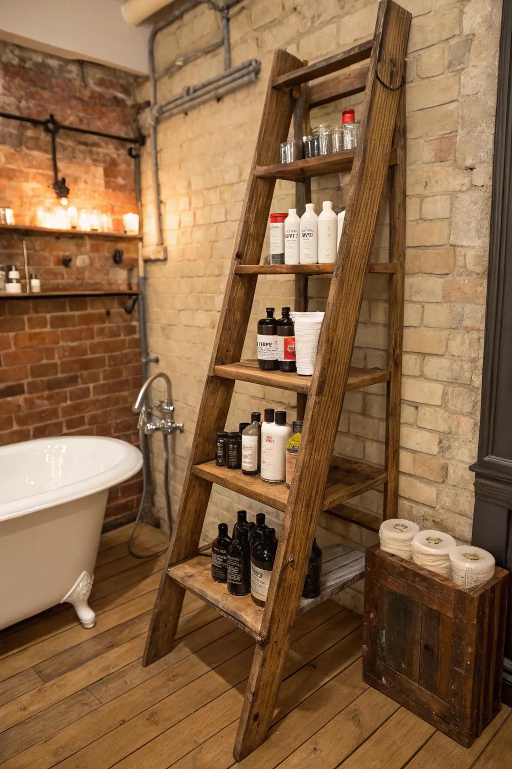 Country charm with a repurposed standing rack for product storage.