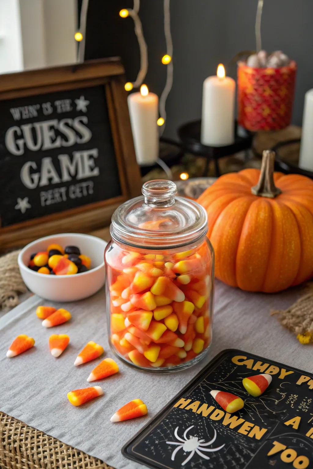 A candy corn guessing game offers sweet interaction for guests.