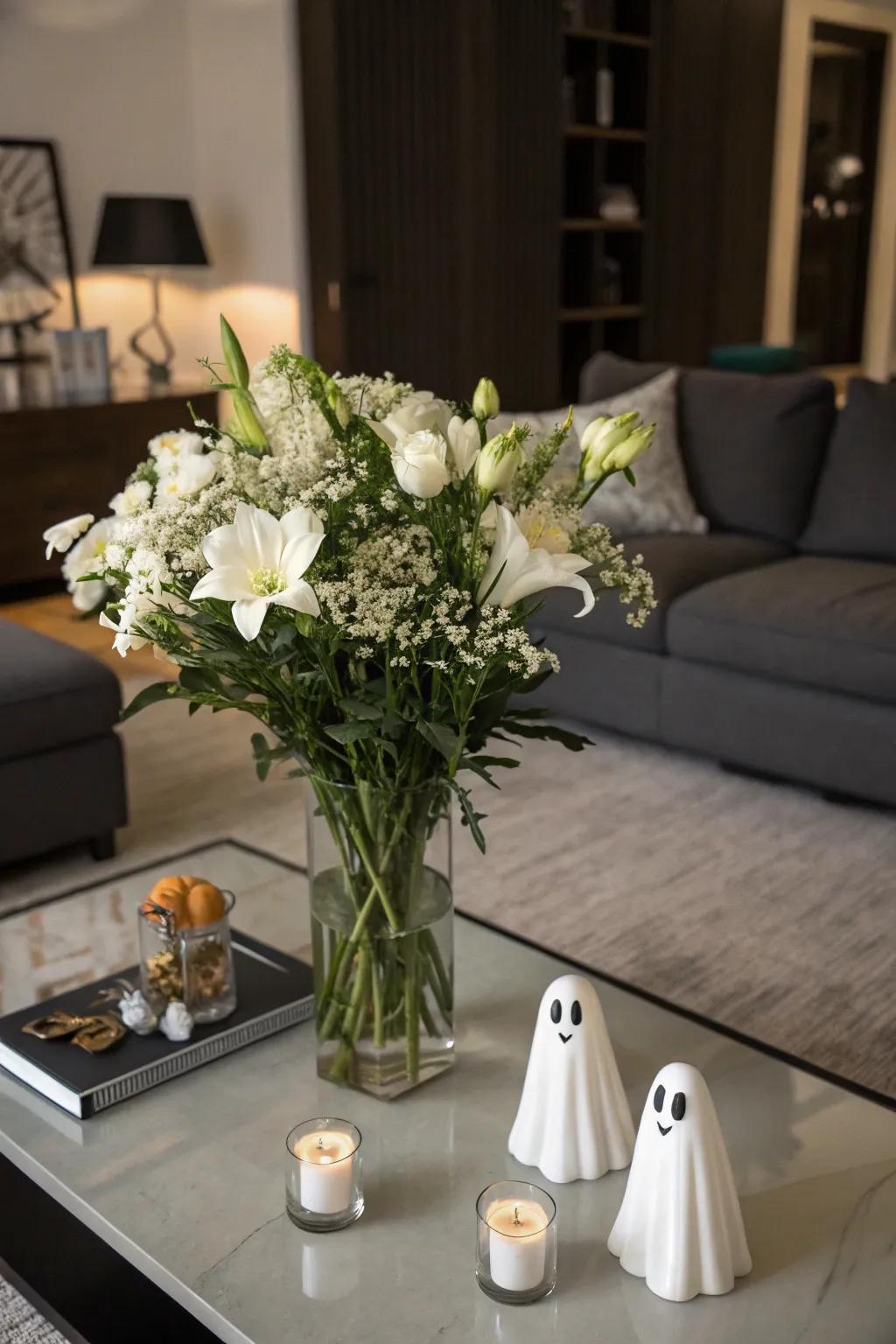 Spectral statuettes contribute an ethereal quality to this tasteful Halloween bouquet.