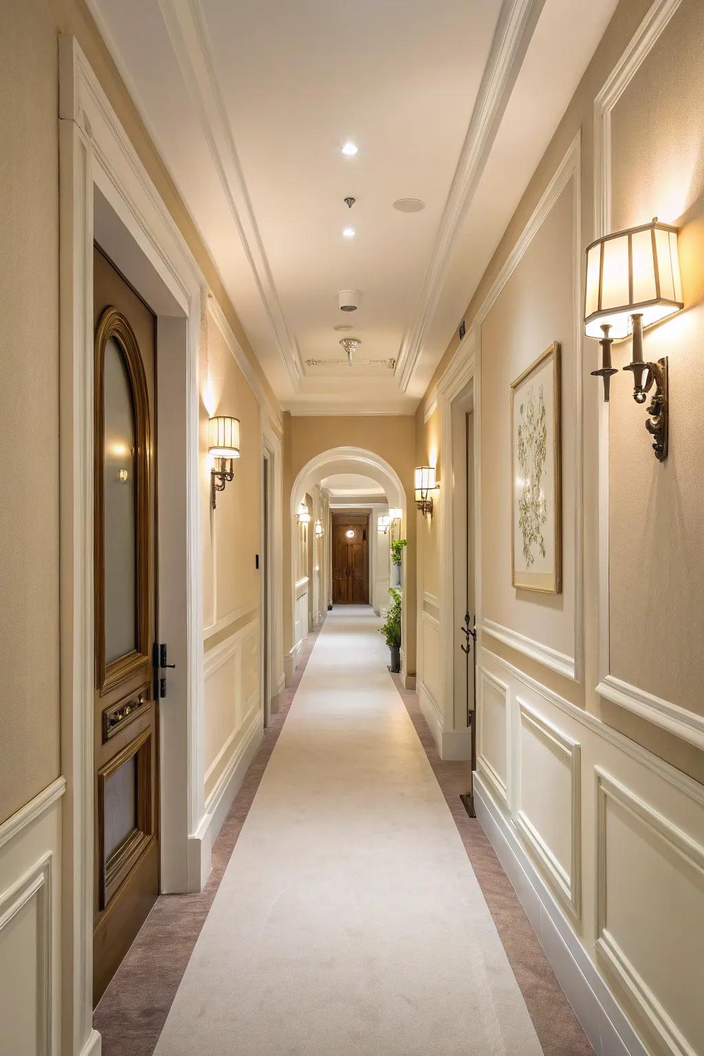 Neutral tones paired with considered lighting enhance hallways.
