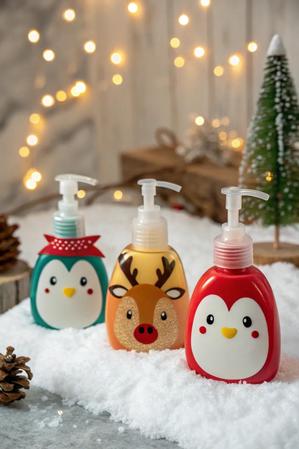 Whimsical animal-shaped hand cleanser bottles for holiday fun