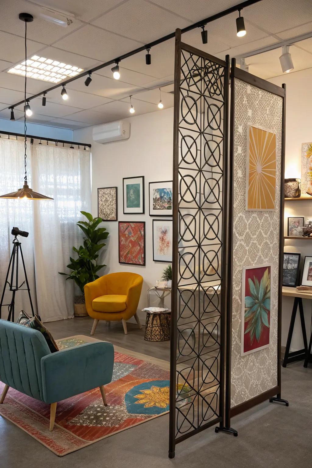 Hanging artsy panels serve two purposes: decor and dividers.