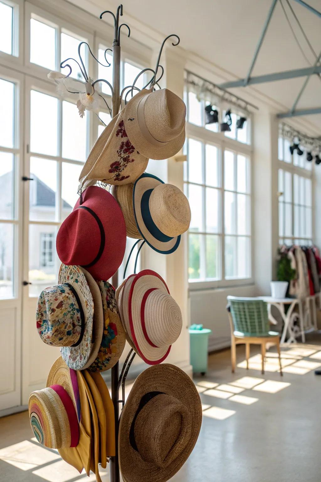 Hats suspended on an accordion-style hanger.