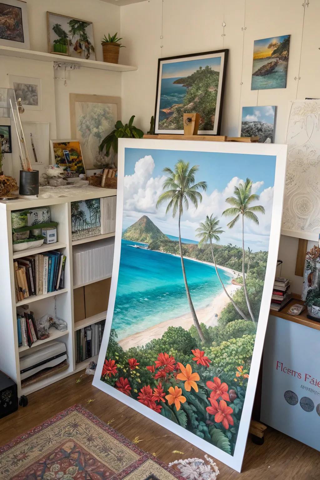A surreal Hawaiian fantasy scene print enhancing a creative room.