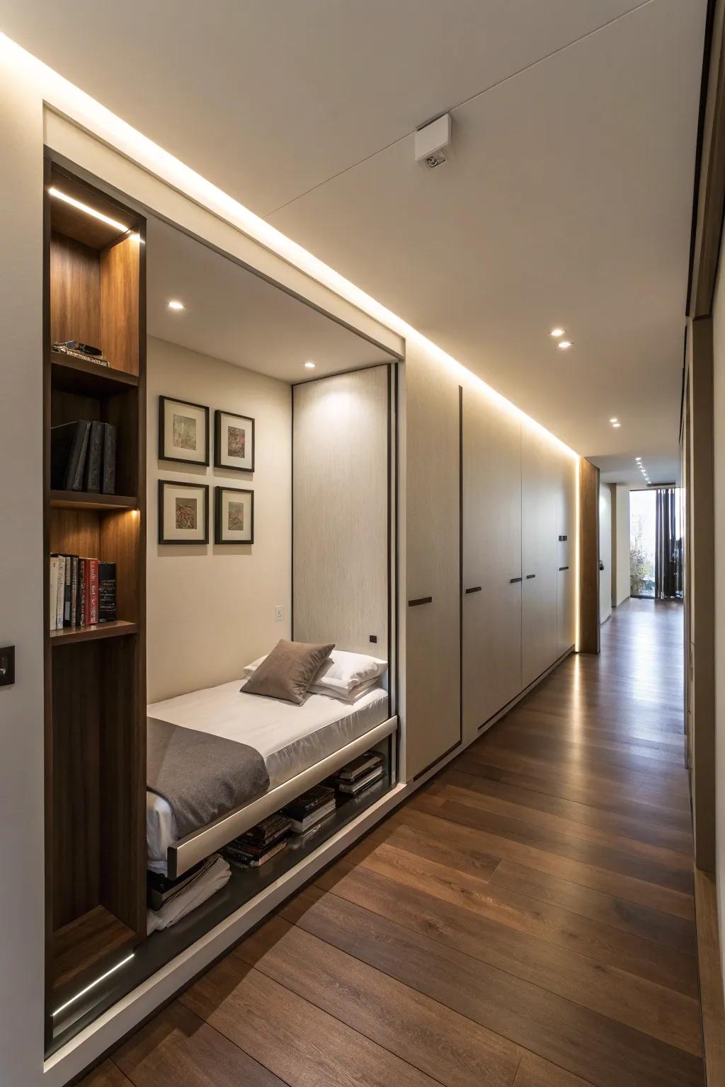 Slide-out bed in a wall recess for flexible living