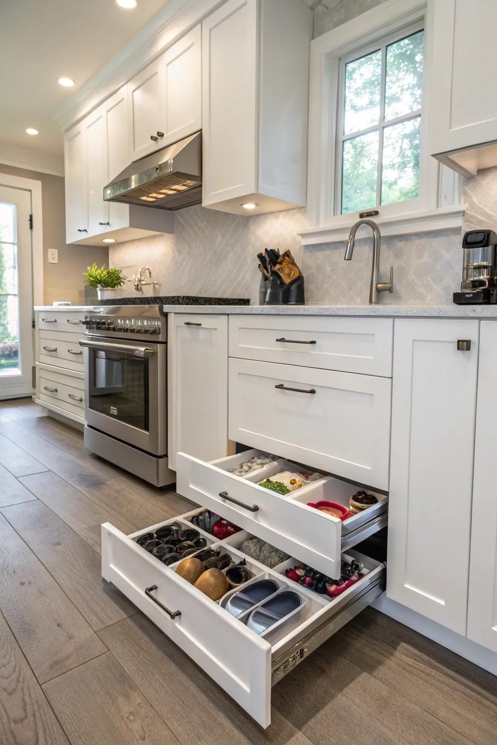 Toe-kick drawers offer secret shoe storage in unexploited areas.