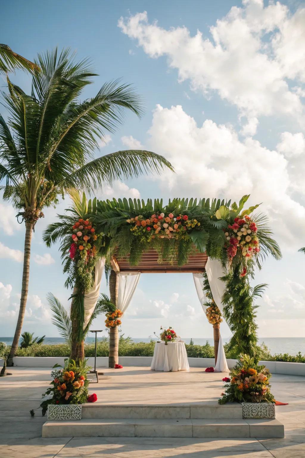 A mandap featuring a tropical motif, complete with vibrant palm fronds and blossoms.