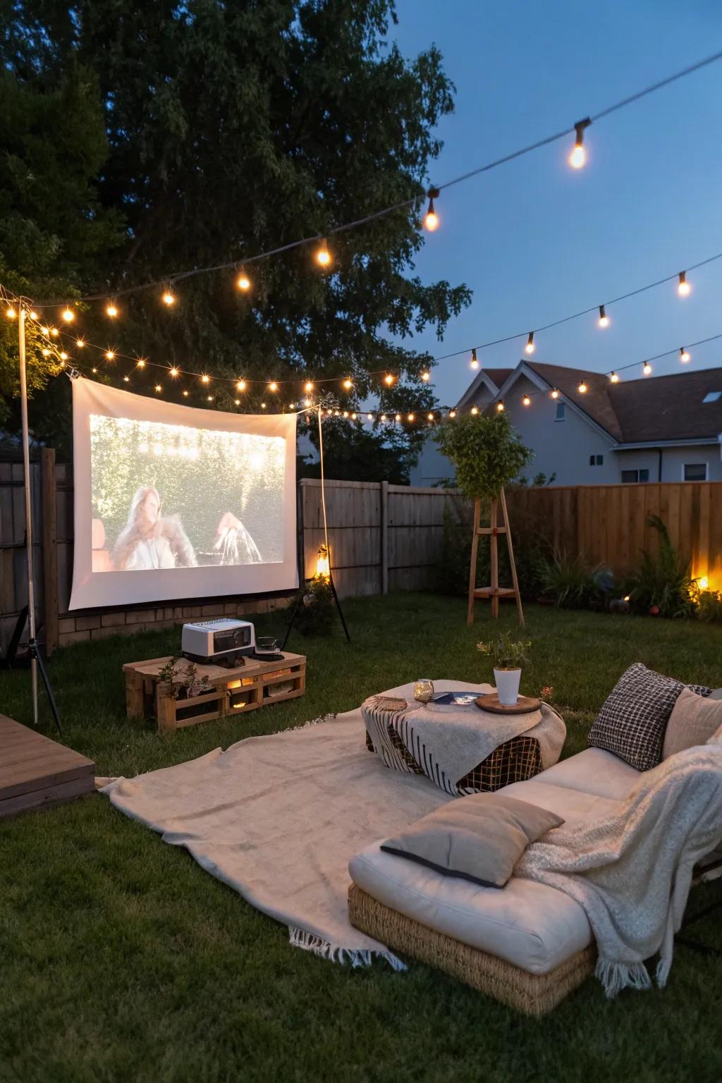 A cozy outdoor cinema arrangement for a captivating film voyage.