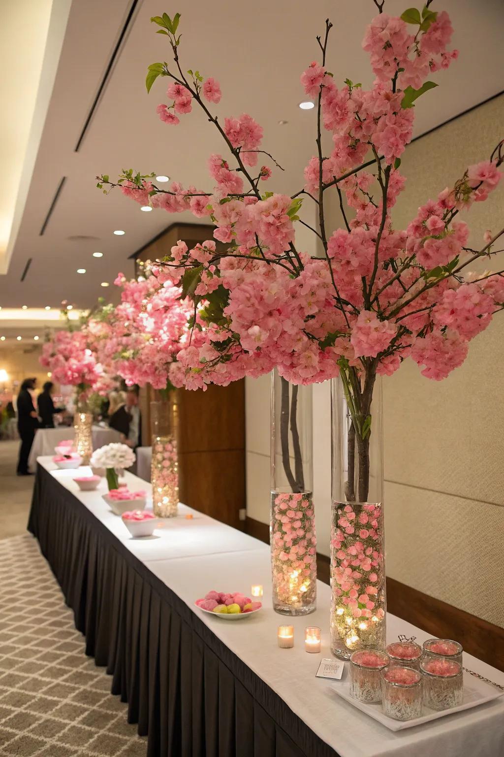Towering cherry blossoms fill areas with elegance.