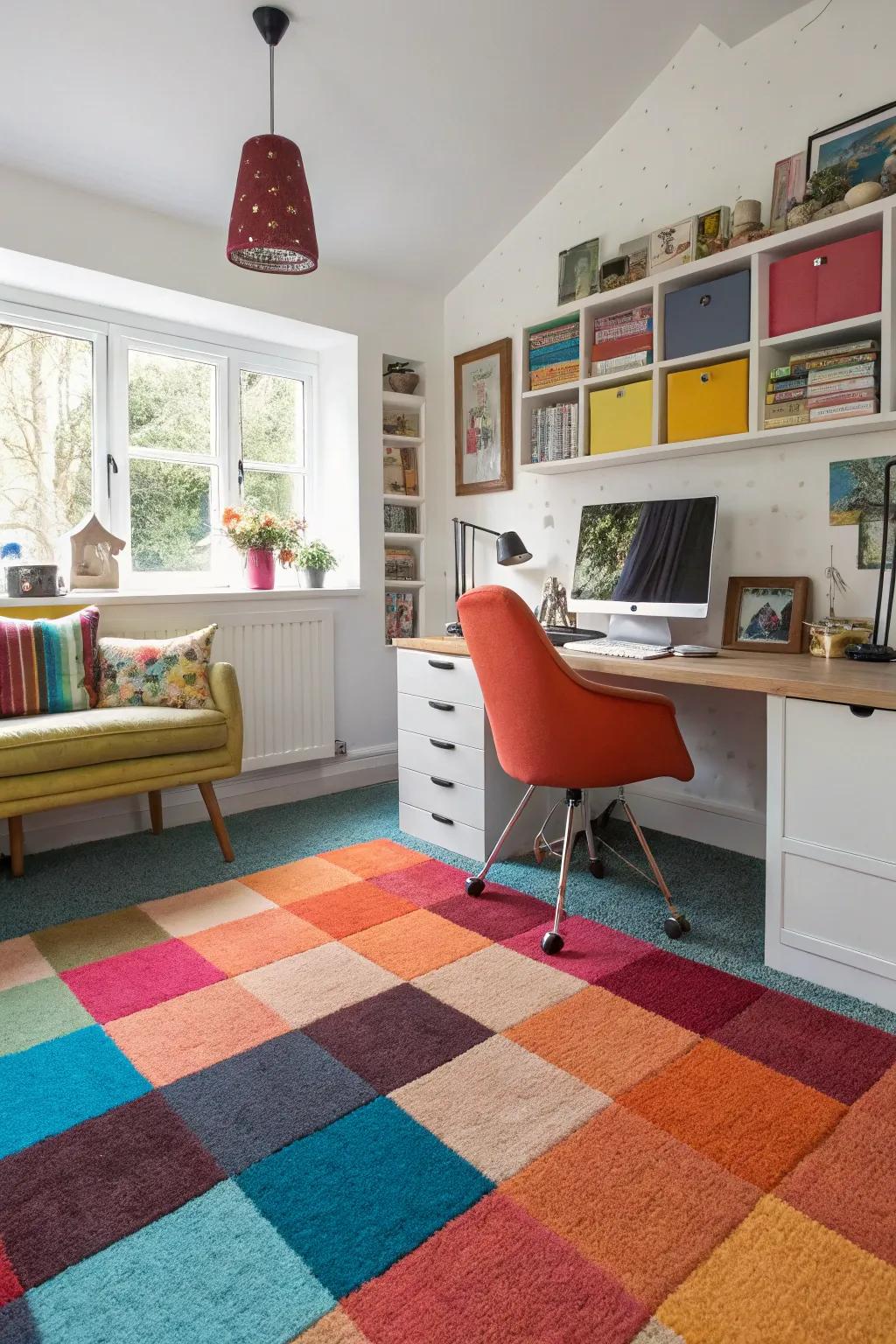 Carpet squares bring color and versatility to your home office.