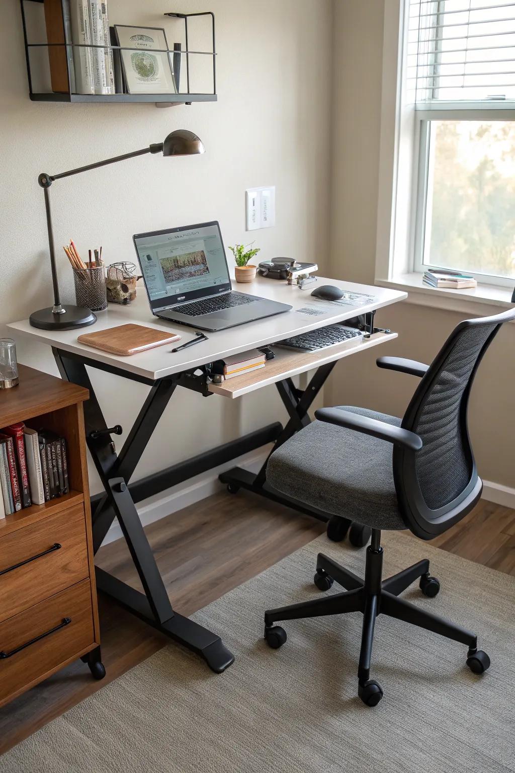 Adjustable furniture designed for comfort and flexibility in a home office.