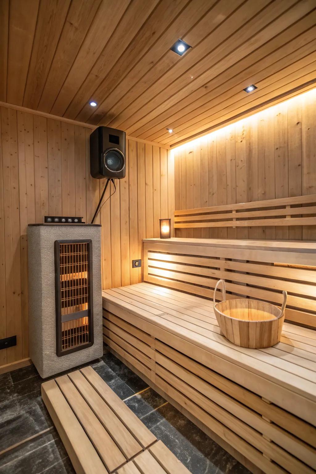 Ambient tunes refine the soothing setting inside this sauna.
