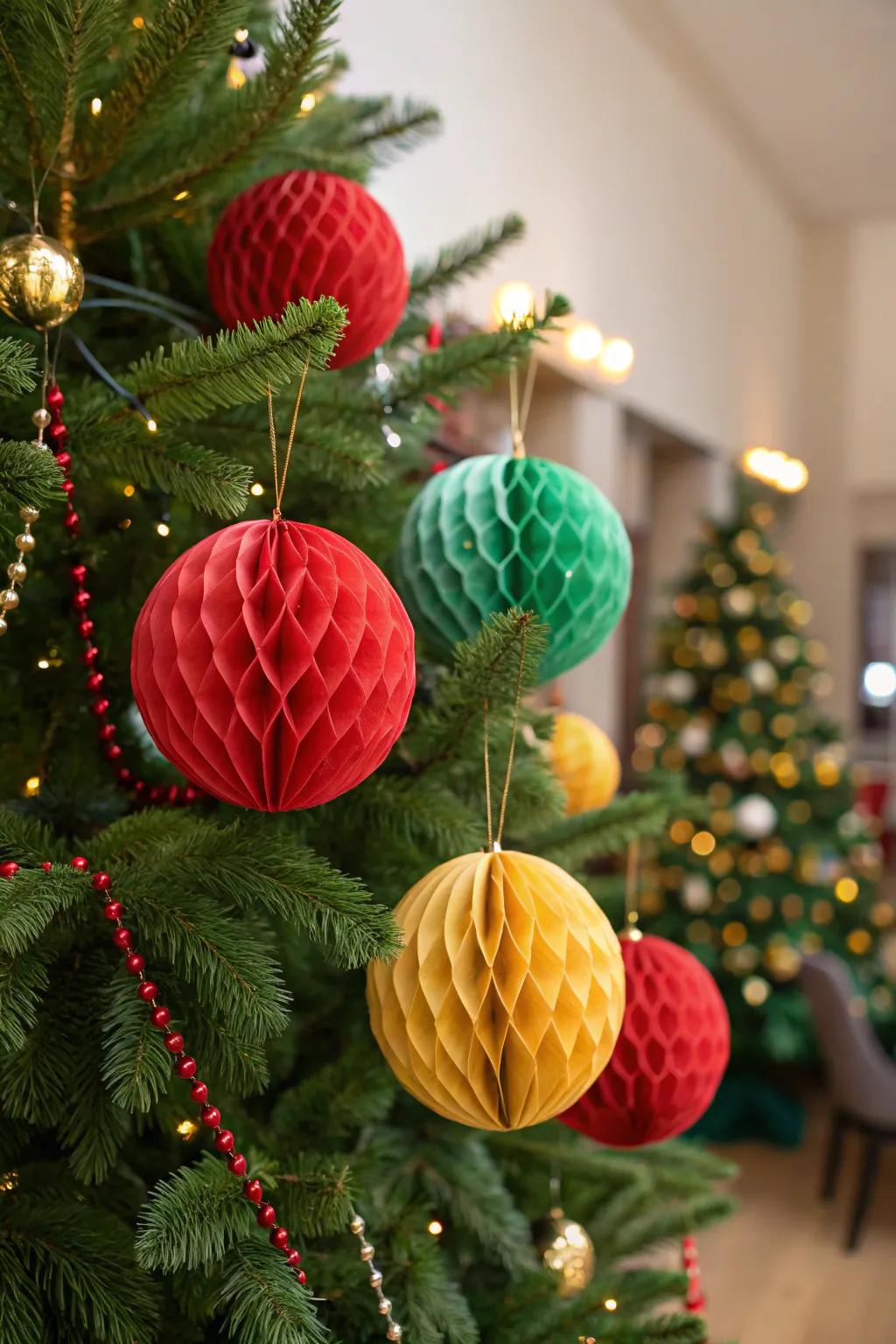 Colorful paper honeycomb sphere ornaments adding modern flair to the holiday decor.