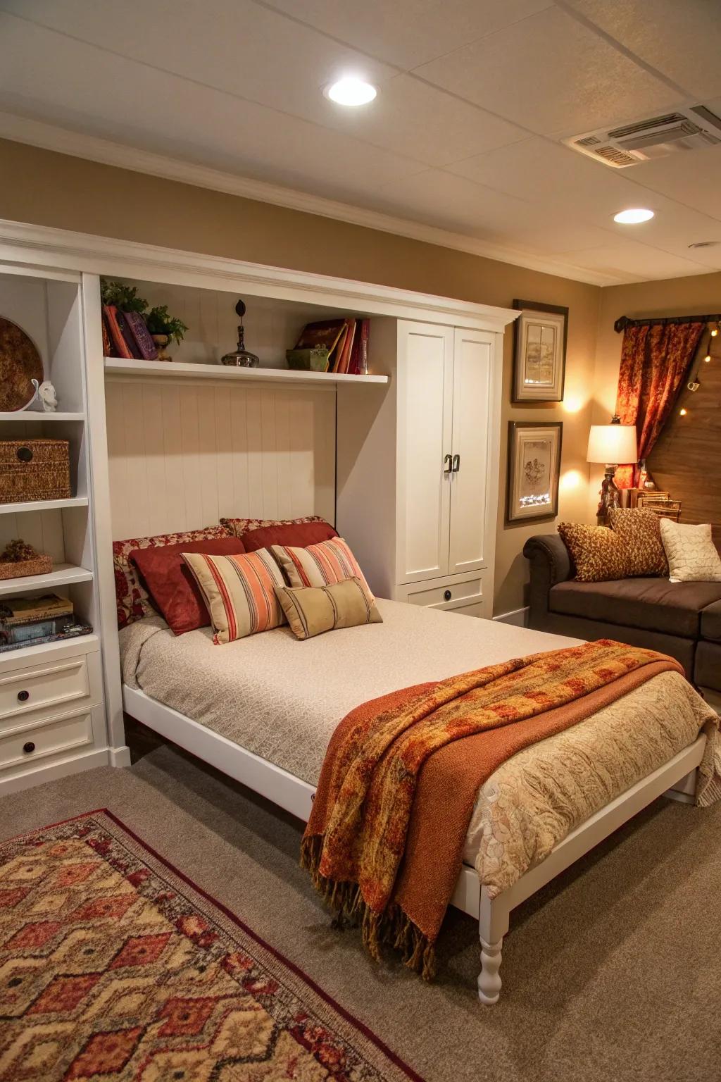 A cozy cabin-inspired room having a hideaway bed, giving a warm and welcoming escape.