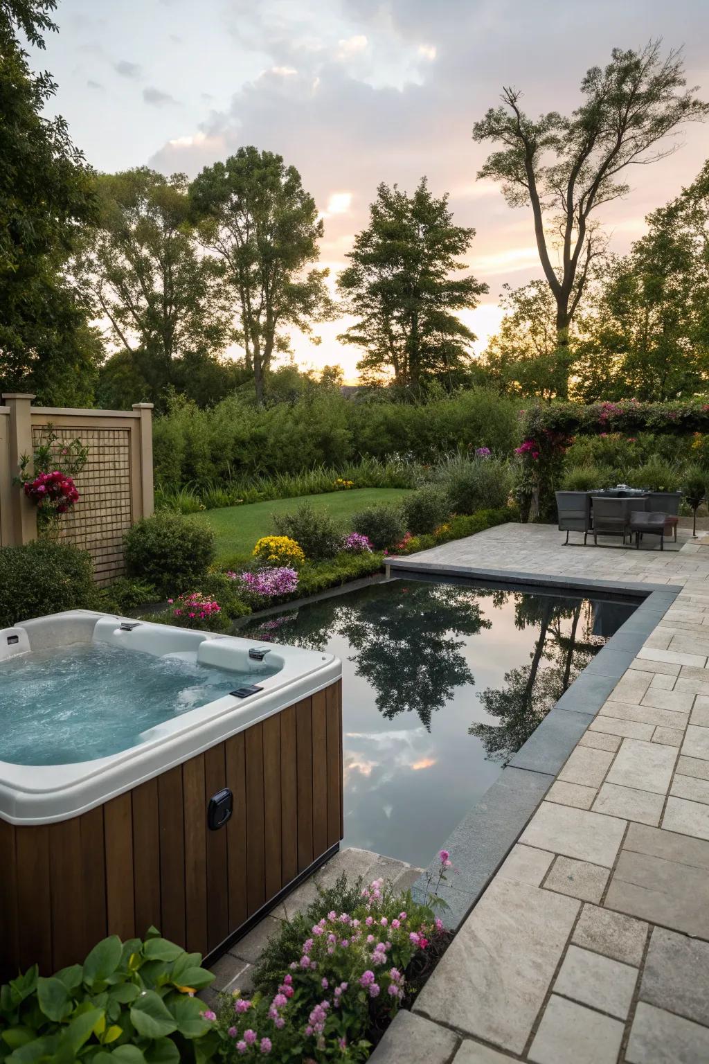 Enhance your relaxation with a waterfront illusion around your hot tub.