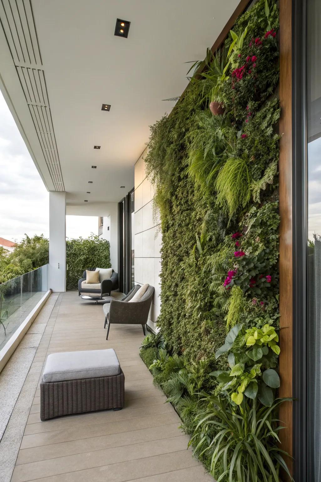 A vertical garden contributes lush greenery to this modern porch.