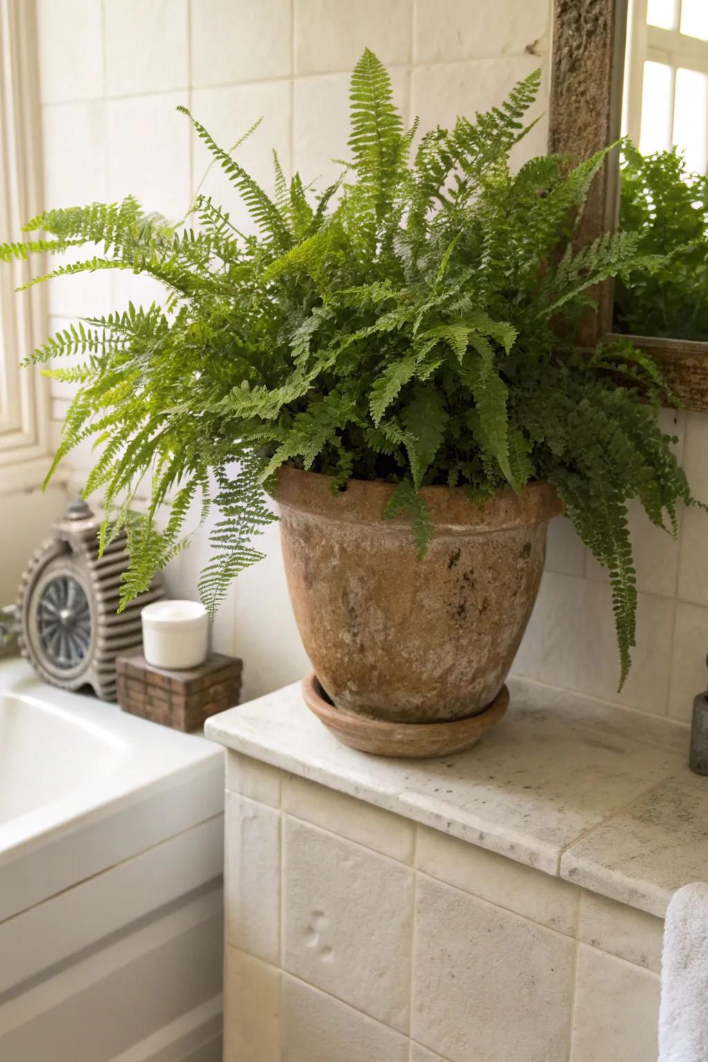 Fronds bringing a hint of nature to the washroom.