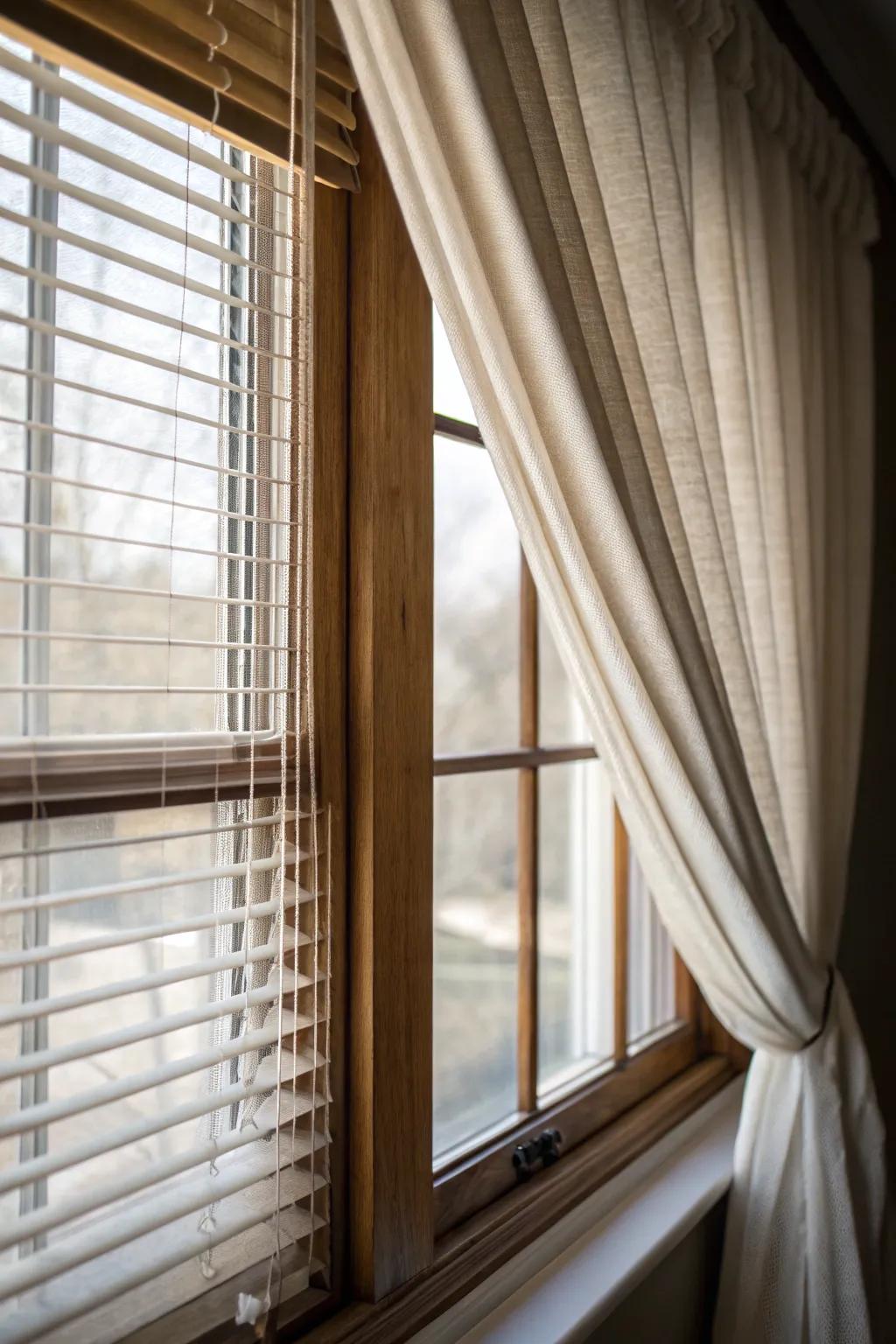 Overlapped window furnishings offer both style and superior light control.