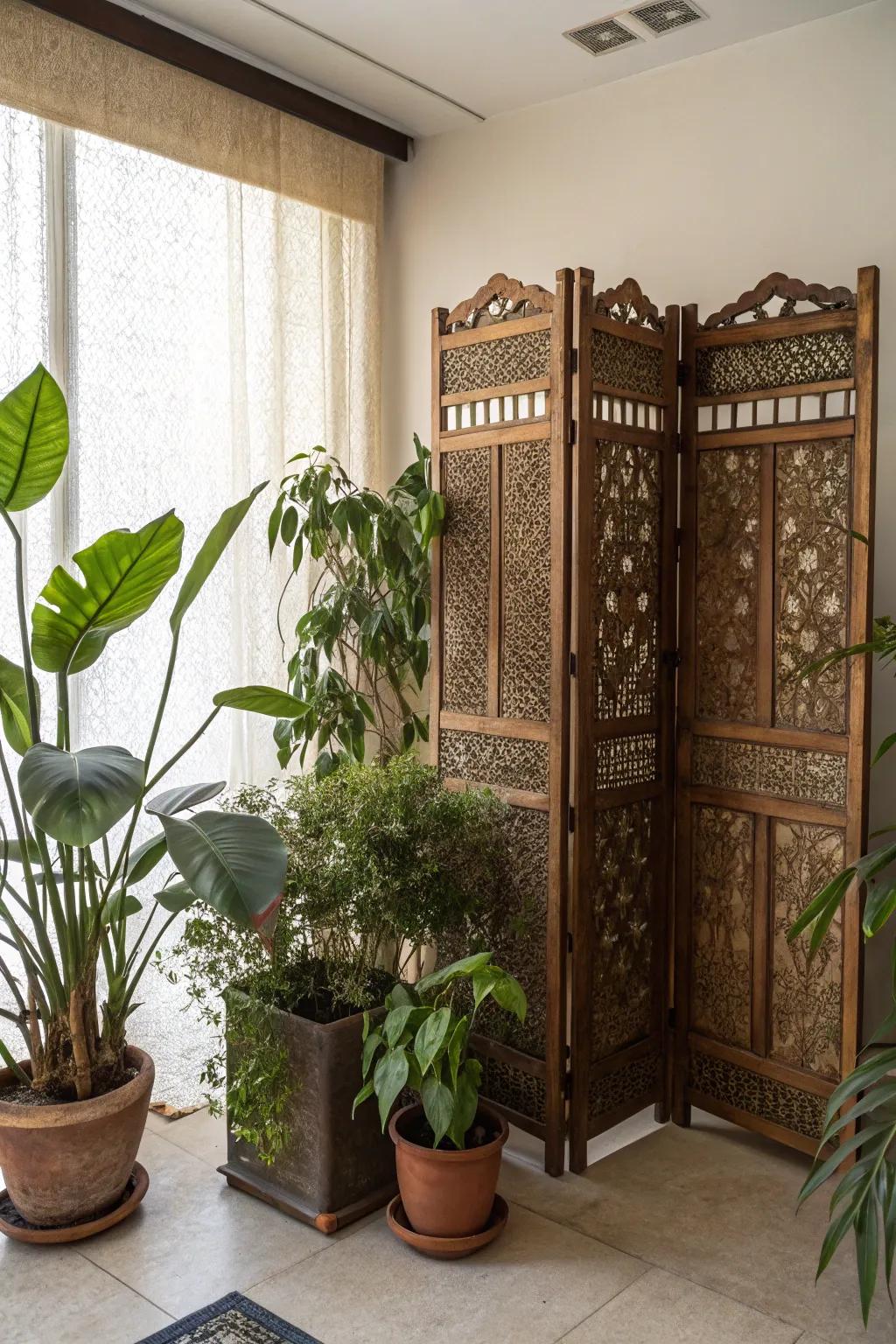 Ornamental screens contribute refinement and utility to corners.