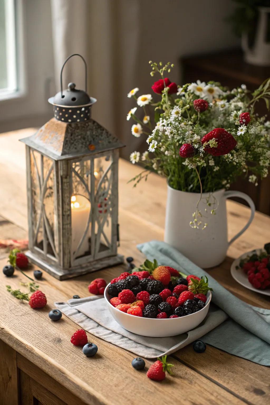 Rustic lantern populated using berries alongside flowers.