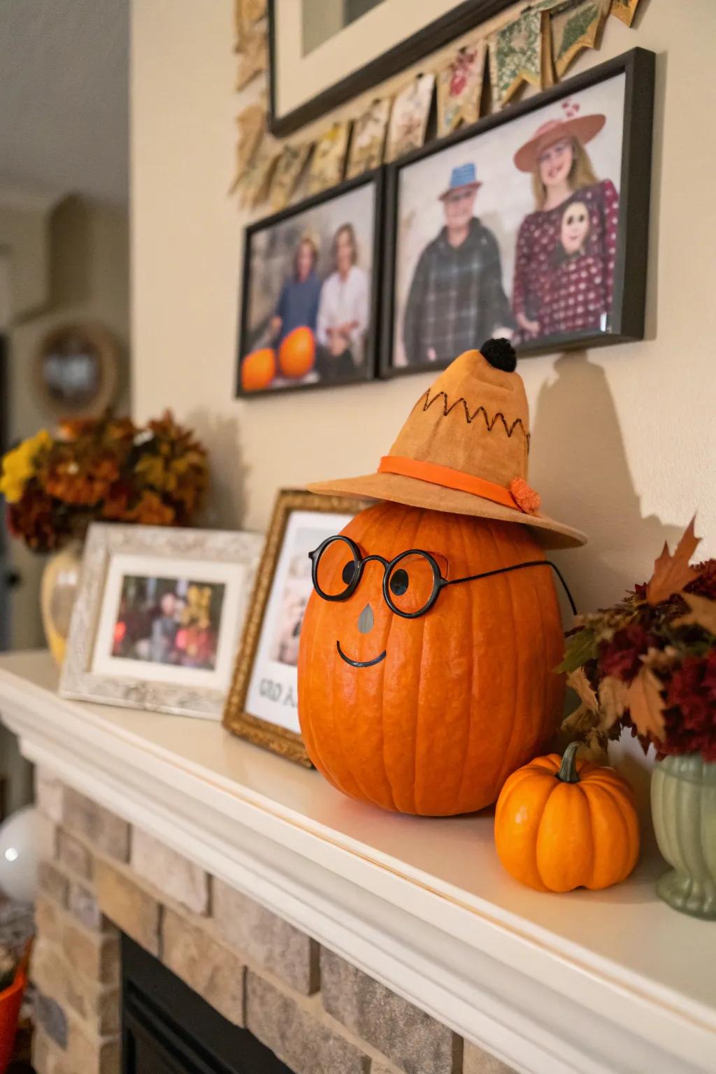 A pumpkin fashioned into a character, filling any space with joy and lightheartedness.