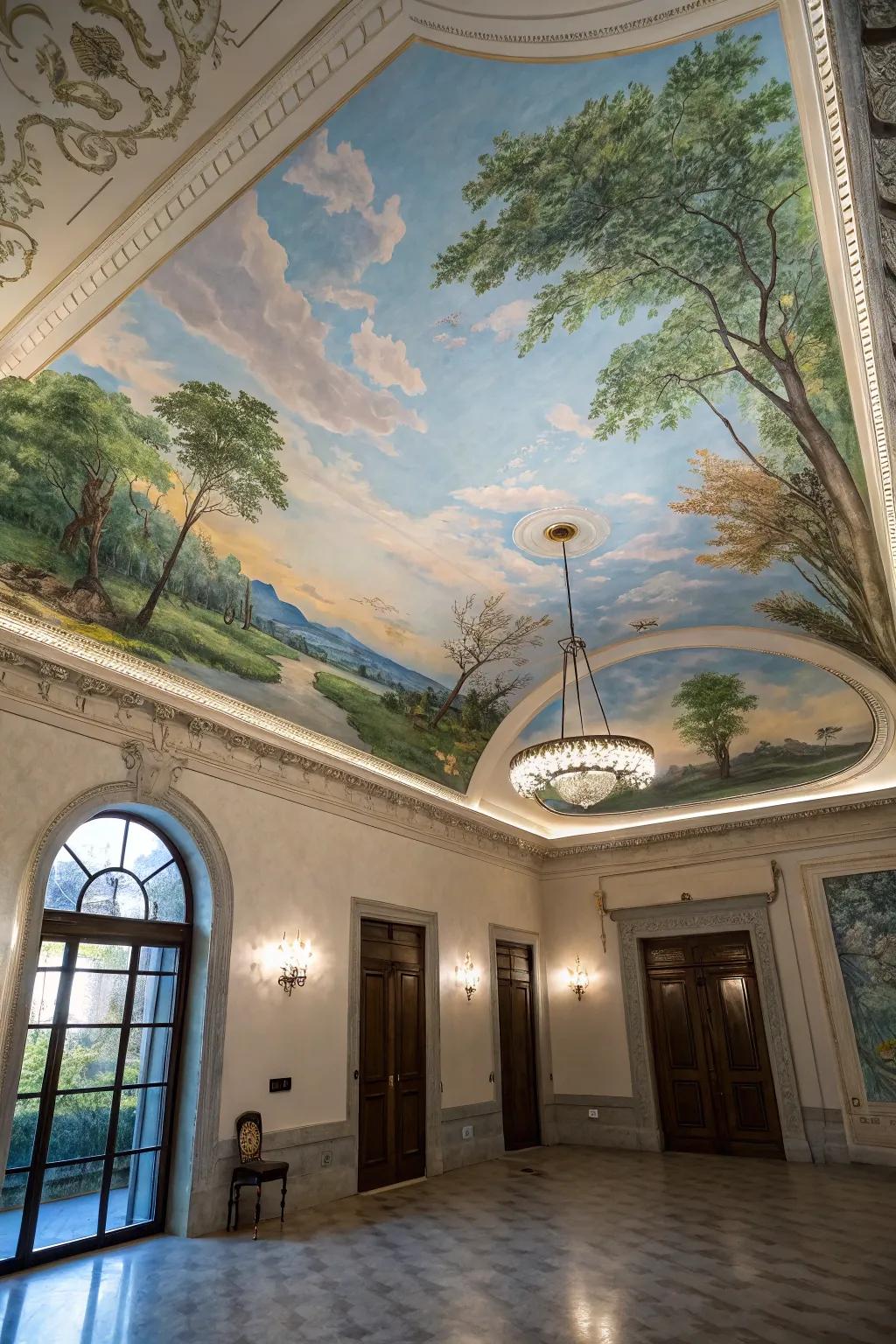 An artistic room featuring a beautiful hand-painted roof mural.