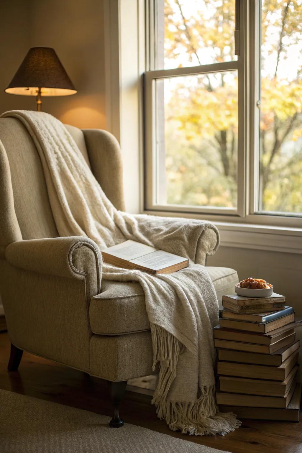 A snug reading alcove impeccably suited for unwinding during autumn.