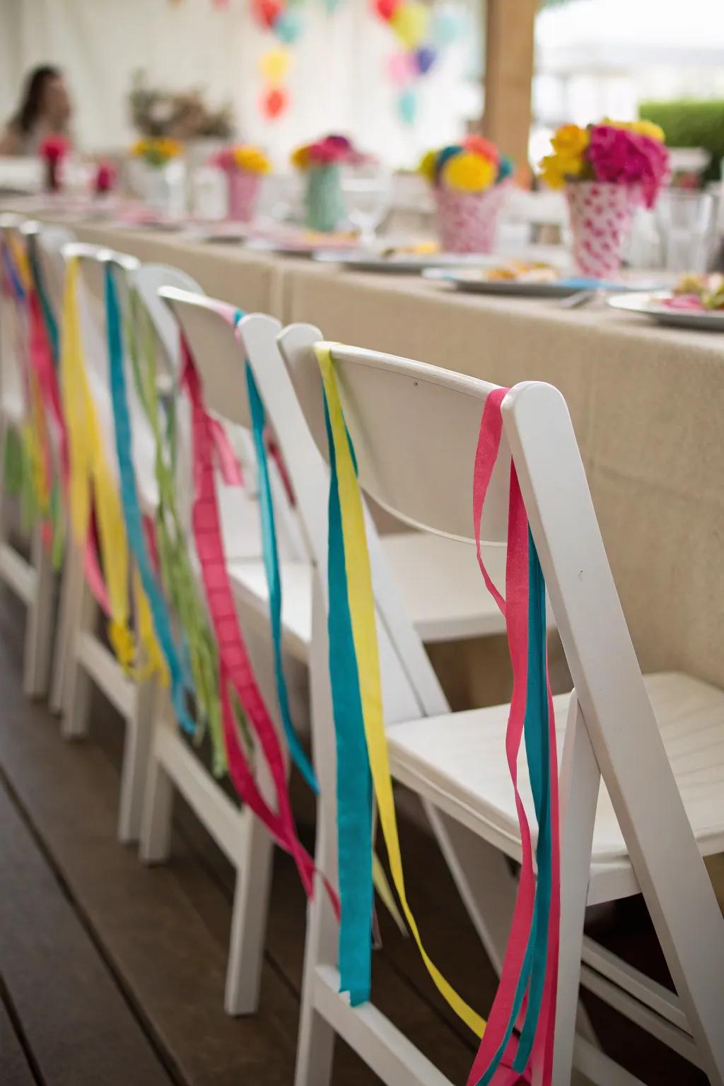 Elevate chairs with colorful ribbon flair.