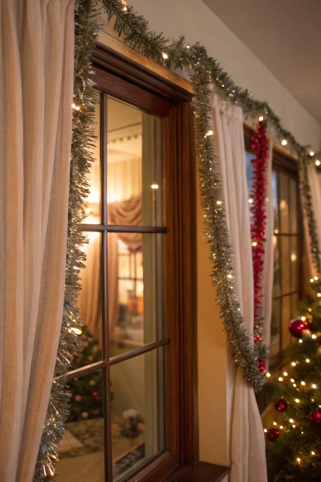 A fenestration elevated with shimmer strands suspending from the drape rods.
