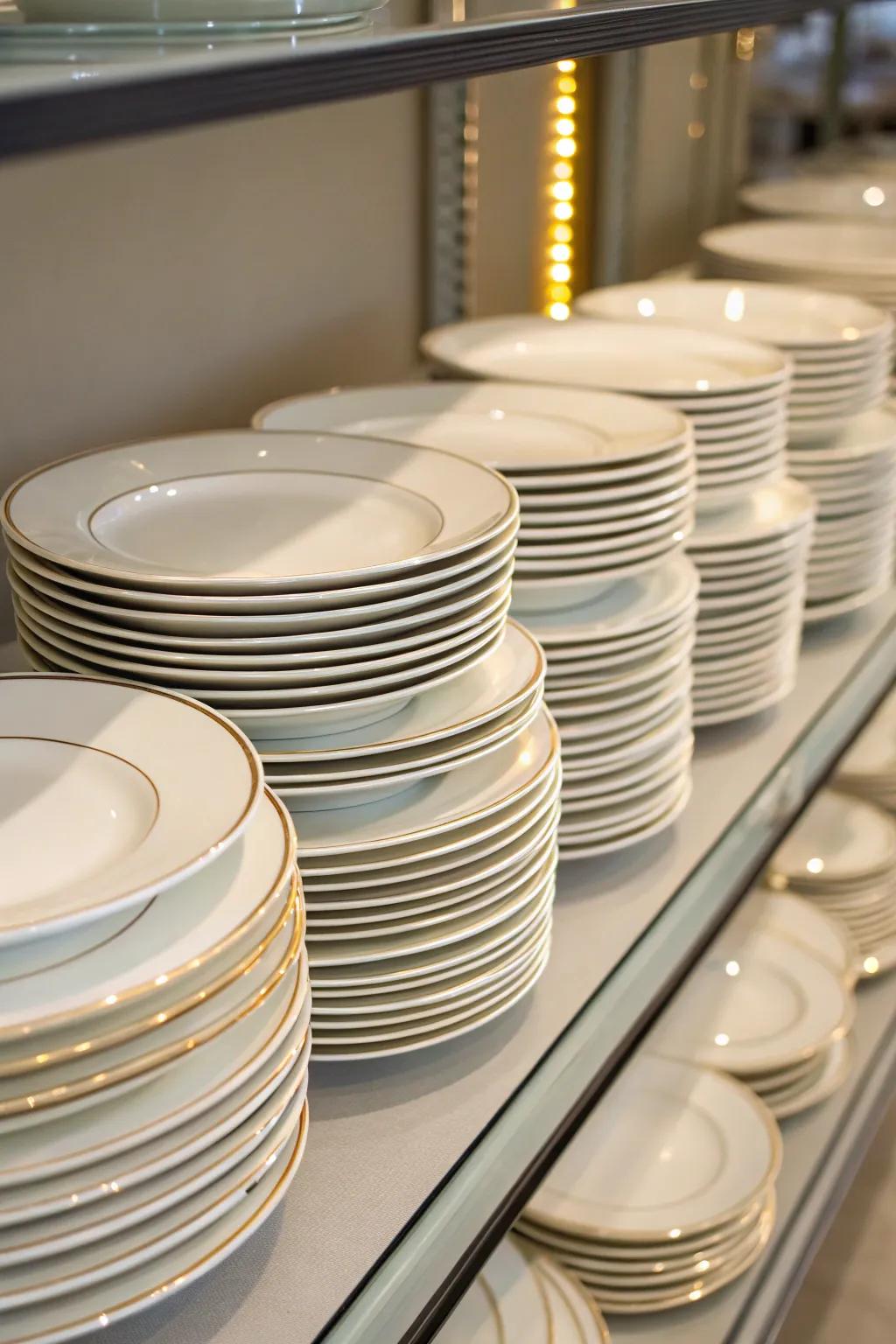 Neatly stacked china on a shelf with steady edges for a tidy look.