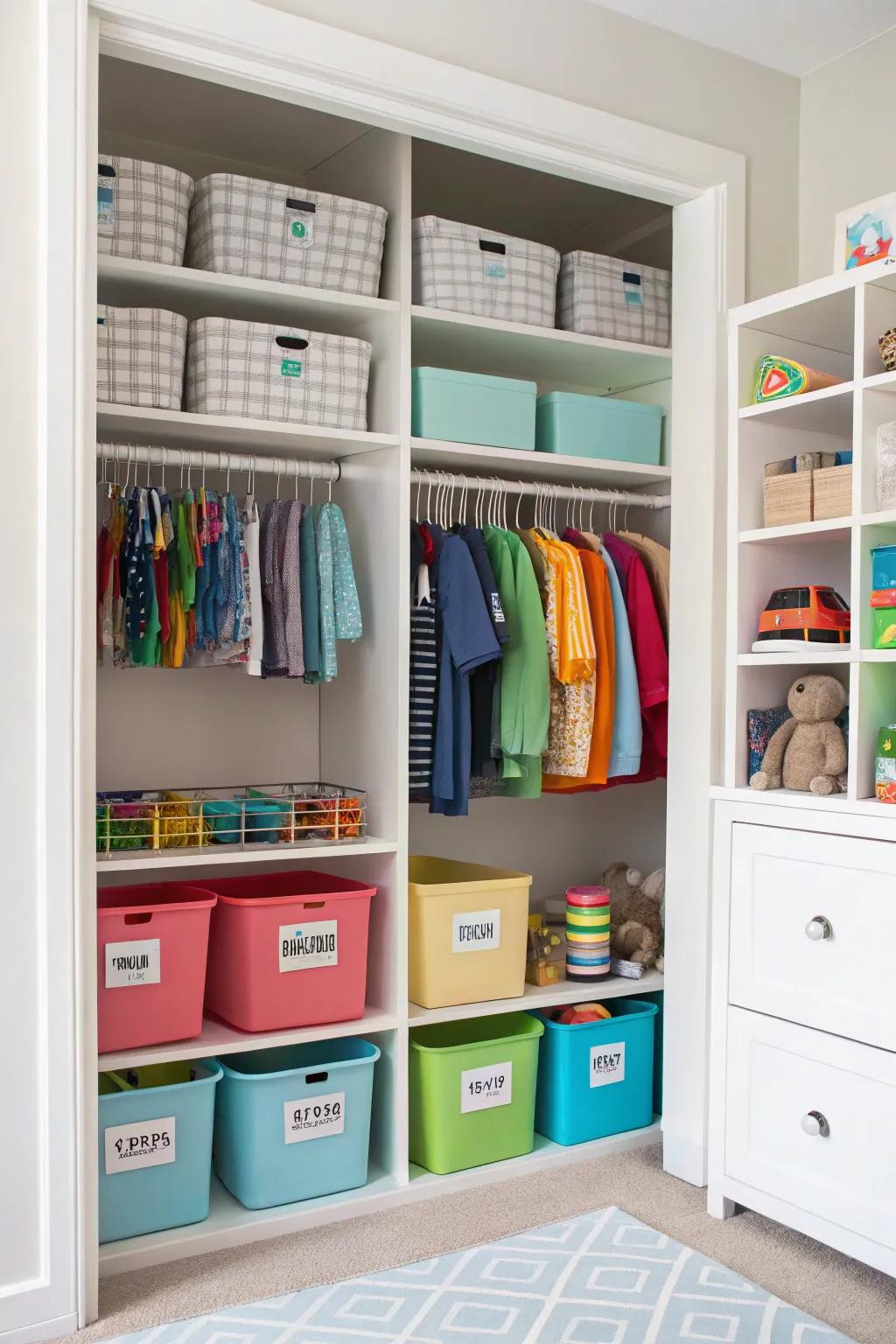 Tagged storage units sustain arrangement in a child's space.