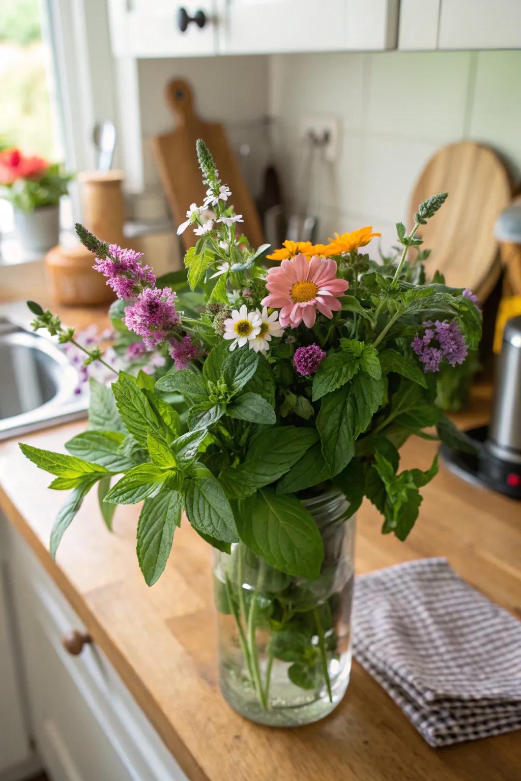 A fragrant and palatable floral arrangement within the kitchen.