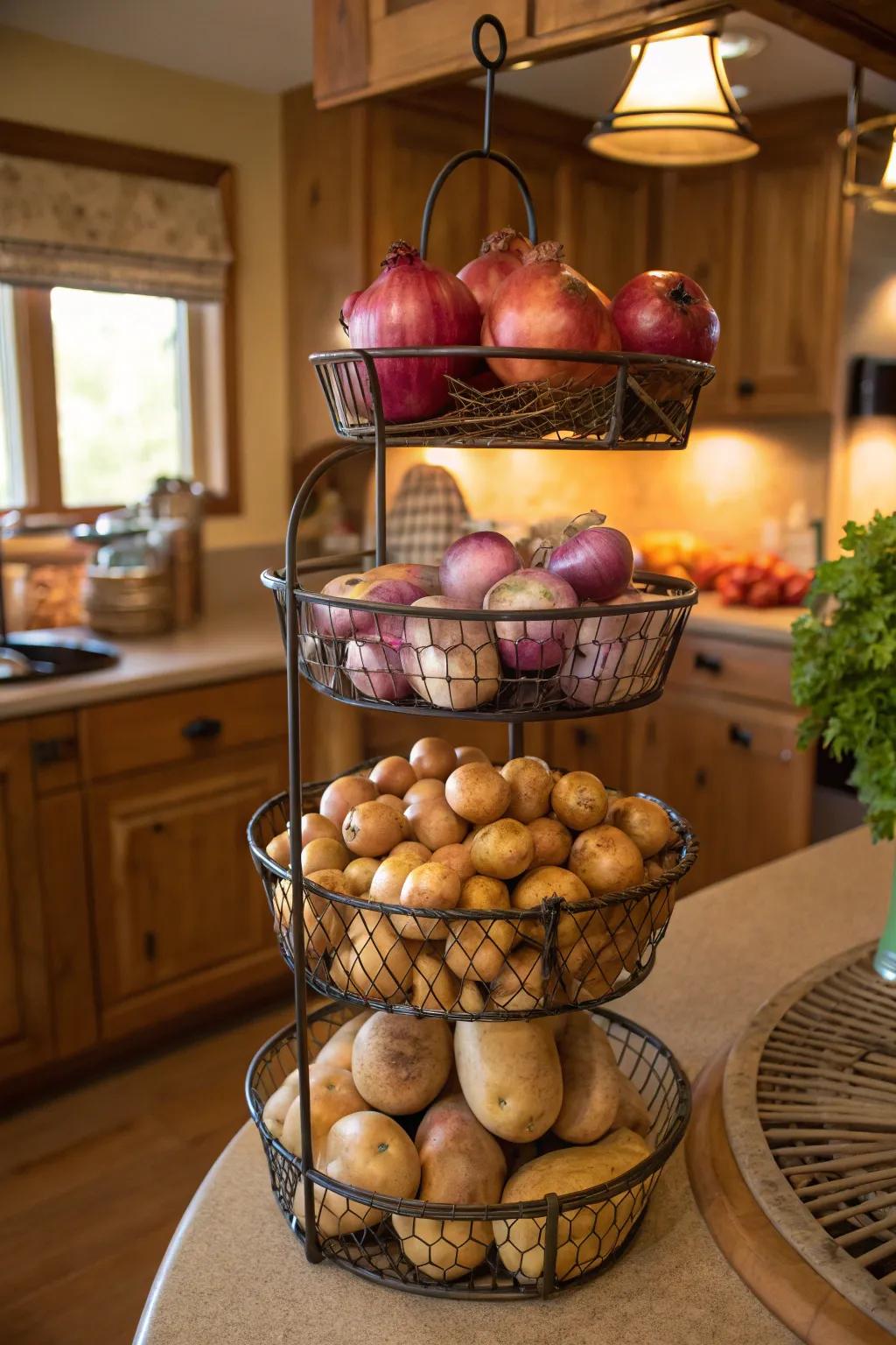 Tiered baskets offer well-organized and space-efficient storage for produce.