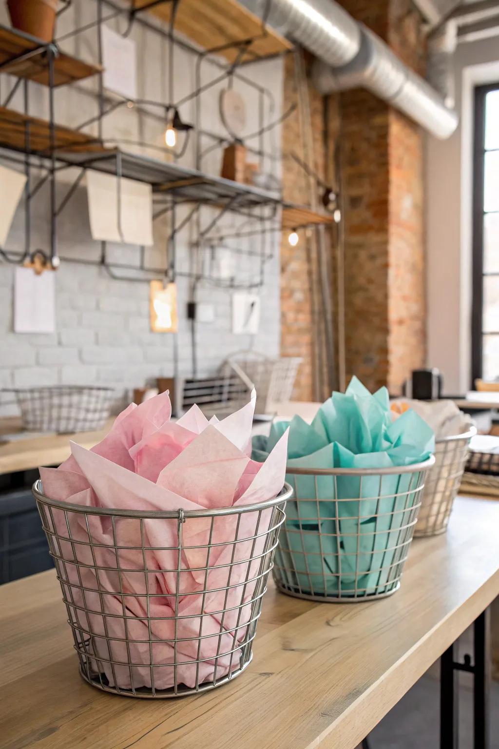 Wire baskets simplify access to tissue paper.