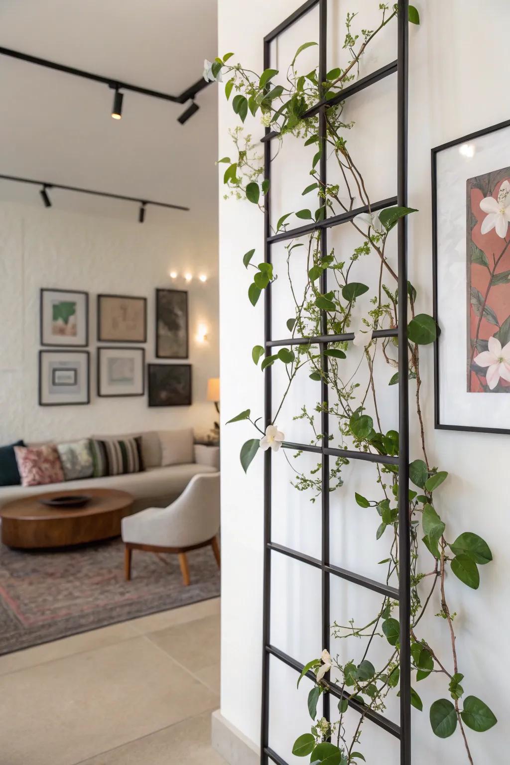 A modern art-inspired room featuring a Hoya on an enclosed wall climbing frame.