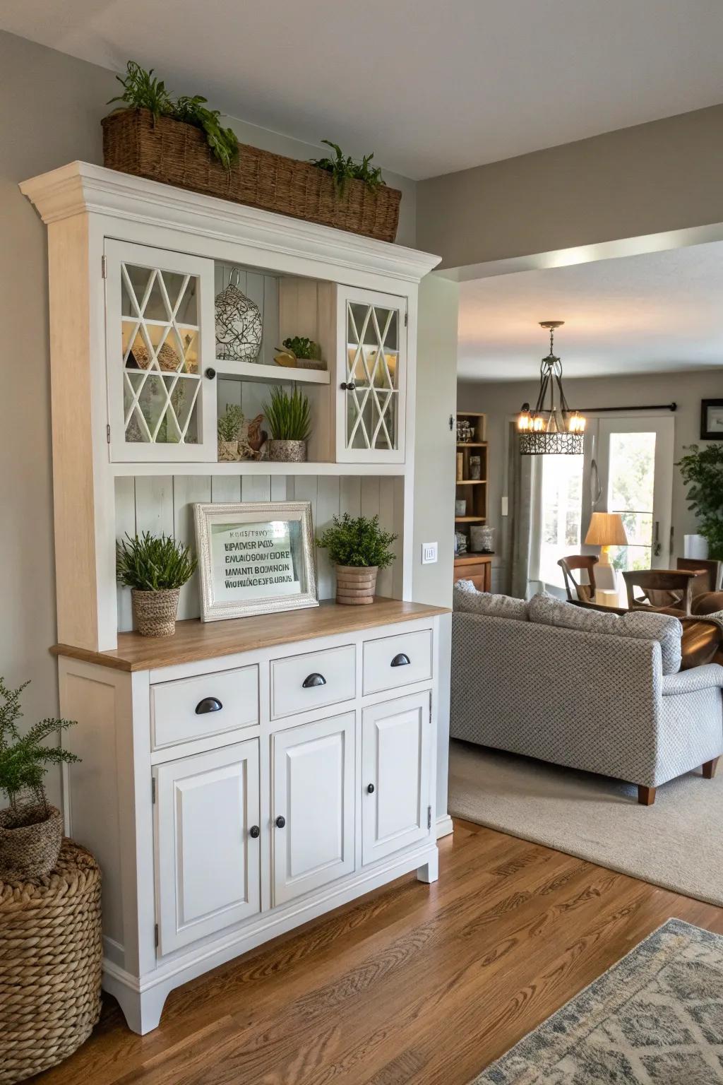 Define your area creatively through a cupboard top partition.