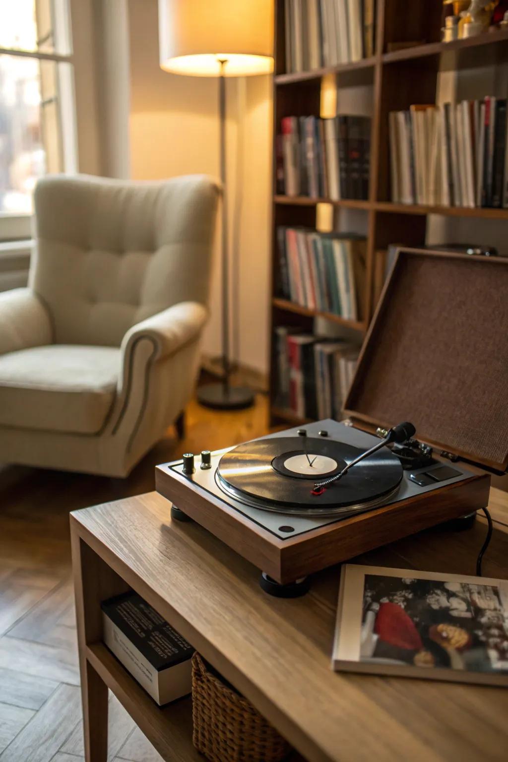 A vintage vinyl spinner adding authentic sound to the atmosphere.