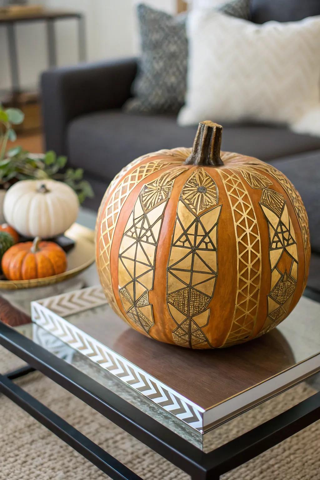 An auric leaf pumpkin presenting a contemporary and sumptuous decorative nuance.