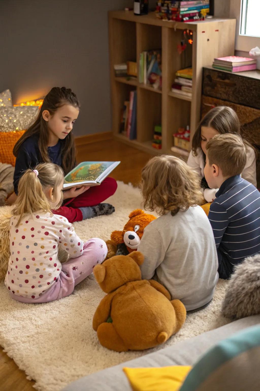 Children collaboratively assembling a unique winter-centered story.