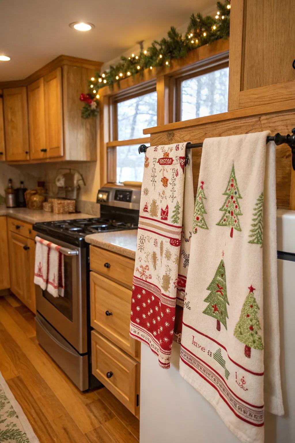 Holiday-themed cloths infusing cheer into the kitchen.