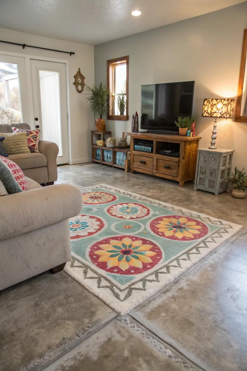 A simulated covering embellished across a resin floor introduces warmth and pattern to this inviting parlor.