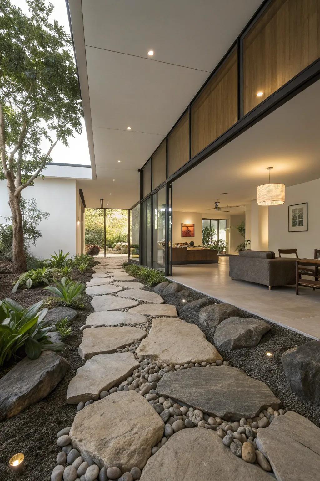 An indoor rock pathway directs steps gracefully and creatively.