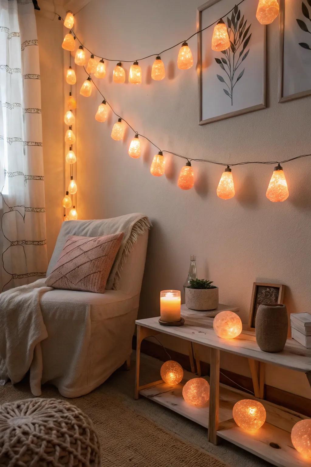 Design a calming atmosphere using salt rock fairy lights.