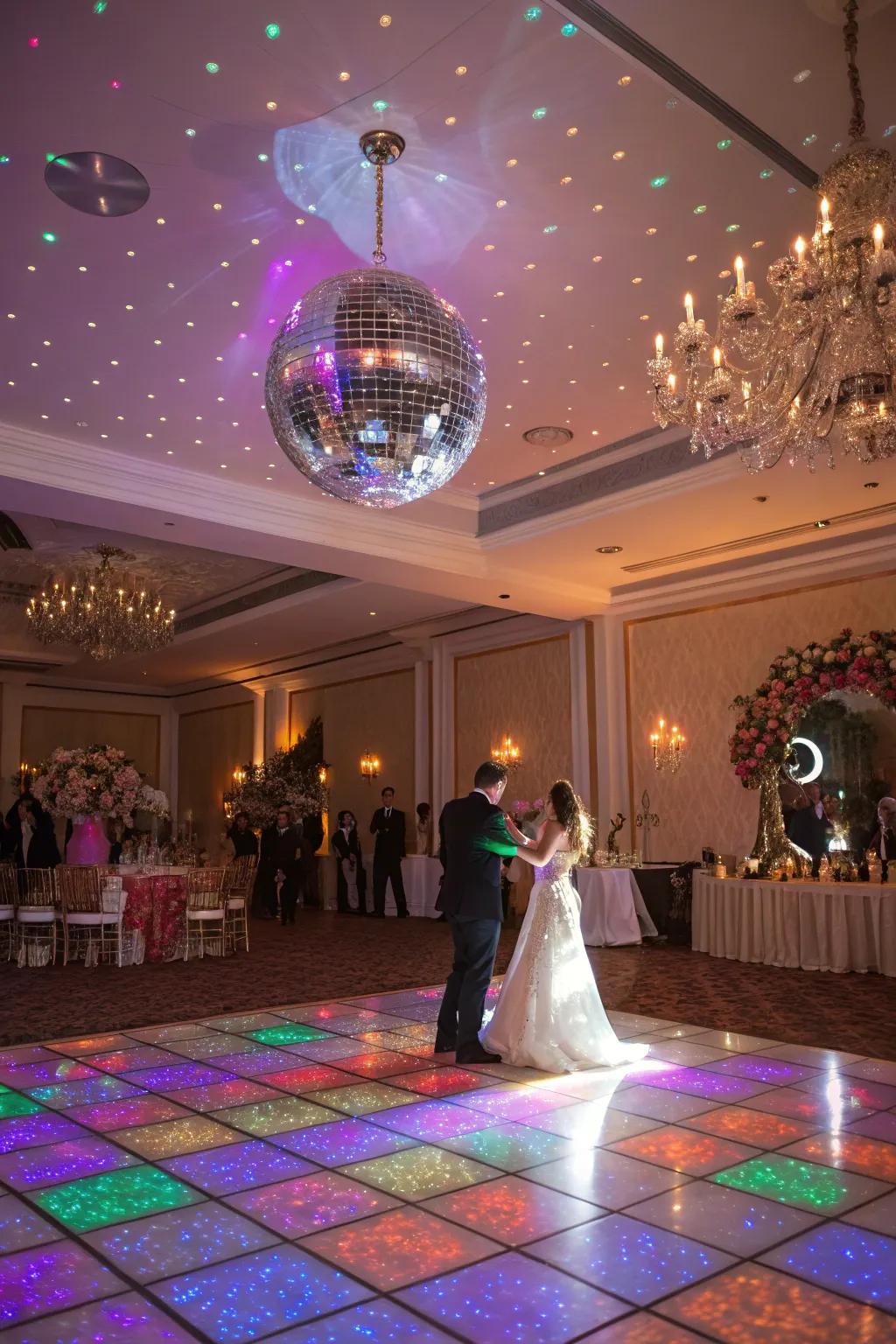 Disco ball adding sparkle and shine to the wedding dance floor.