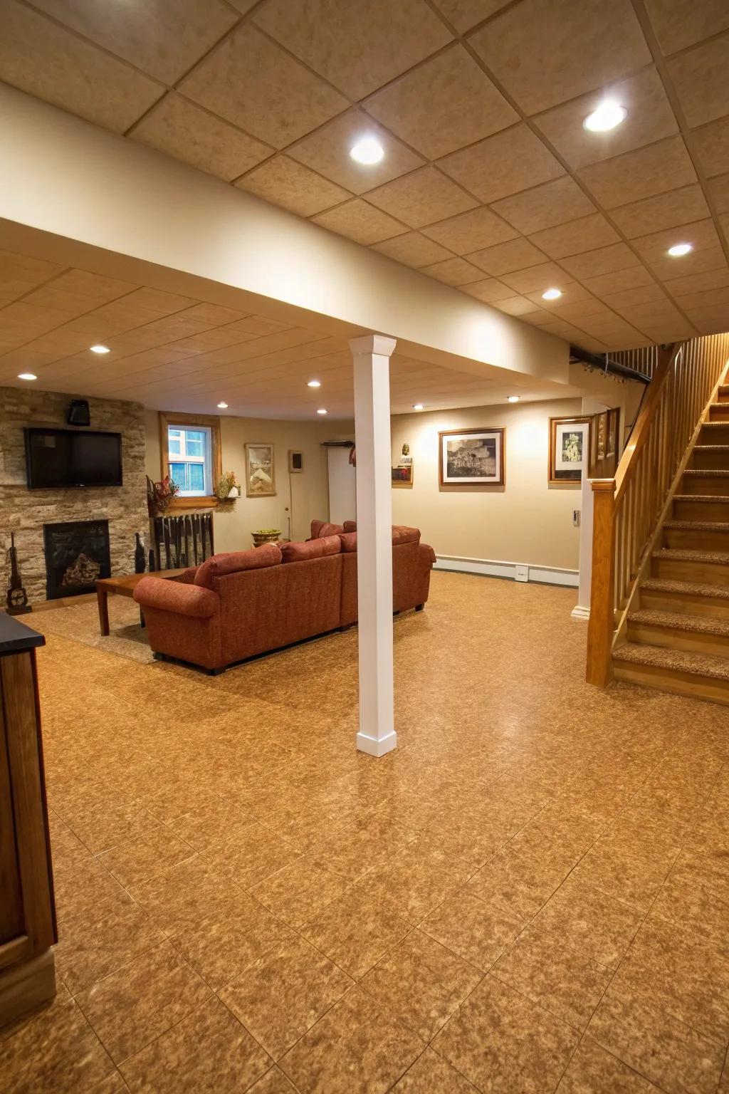 Cork flooring offers comfort and sustainability.