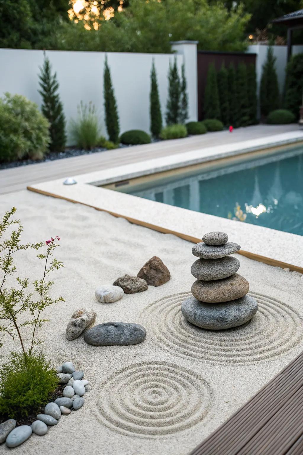 Your pool area is given peace and beauty by a Zen garden.