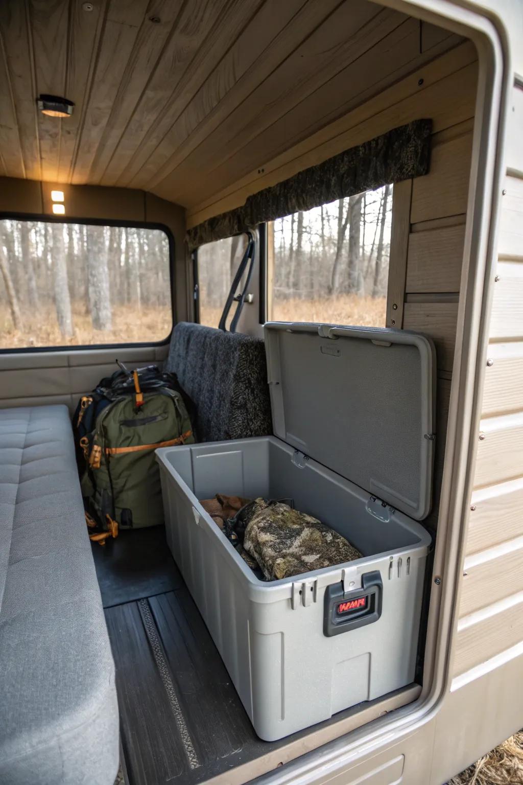 Quiet storage bins reduce noise and protect delicate gear.
